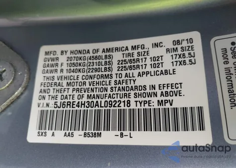 2010 Honda Cr-V Lx from USA, damaged, VIN 5J6RE4H30AL092218